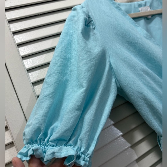 LENA Light Blue Linen Blend Puff Sleeve Belted Romper Light Blue Women's - Picture 7 of 9
